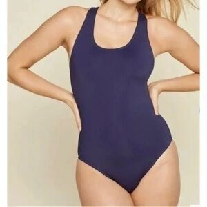 Andie Swim Tulum One Piece XS Blue Swimsuit Cross Straps Scoop Neck Navy  Womens